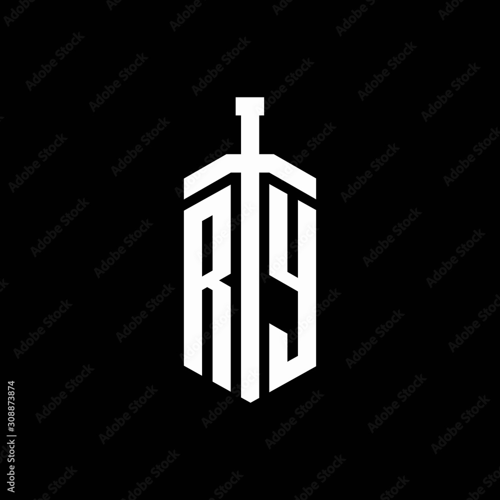 RY logo monogram with sword element ribbon design template - obrazy, fototapety, plakaty 