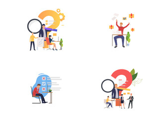 Wall Mural - Consulting and support set. Consultant answer questions, managers making mistakes. Flat vector illustrations. Business, help, advice concept for banner, website design or landing web page