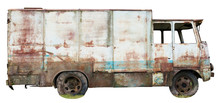 Decayed Rusty Nameless Car Van For Transportation Of Agricultural Products And Bread Thrown In The Forest Isolated Side
