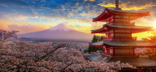 Fujiyoshida, Japan Beautiful View Of Mountain Fuji And Chureito Pagoda At Sunset, Japan In The Spring With Cherry Blossoms