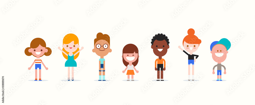 Smiling kids characters isolated. Diversity children standing cartoon vector illustration. - obrazy, fototapety, plakaty 