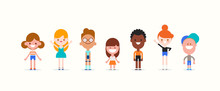 Smiling Kids Characters Isolated. Diversity Children Standing Cartoon Vector Illustration.