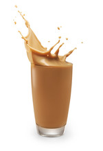 Chocolate Milk Or Milk Tea Splashing Out Of Glass Isolated On White With Clipping Path