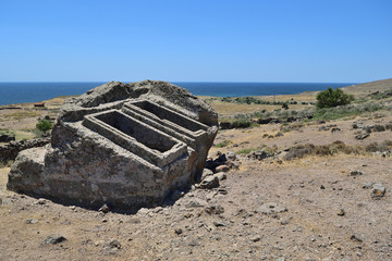 Roman ancient tombs at Kaya Mezari - turkish aegean island Gokceada (Imbros), Turkey, Europe