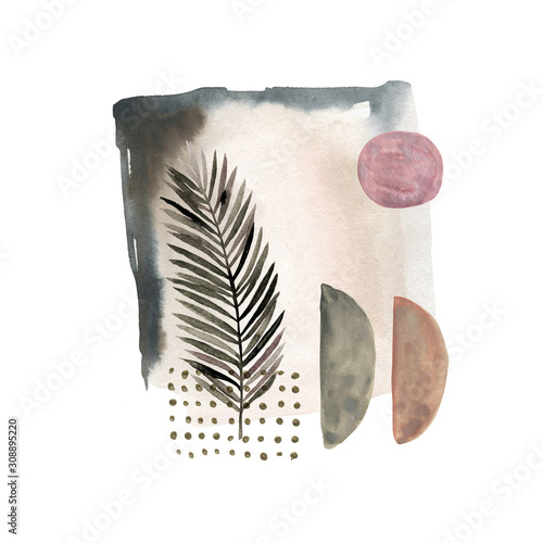 Geometric poster with watercolor, gold and marble elements on white backgroun...