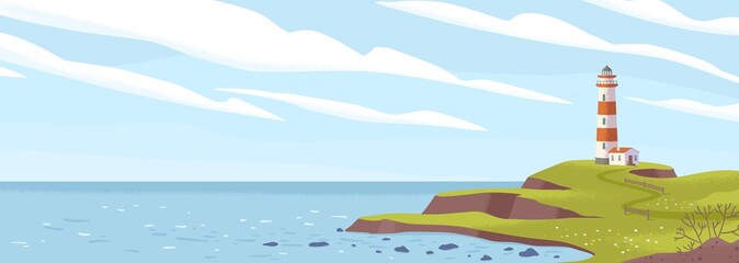 lighthouse on seashore flat vector illustration. island pharos, light house, seascape, signal buildi