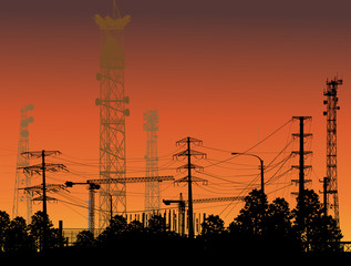 Canvas Print - antenna tower silhouettes in black forest at orange sky background