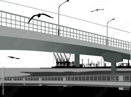 Naklejka biały most   szary-most-na-rzece-ilustracja