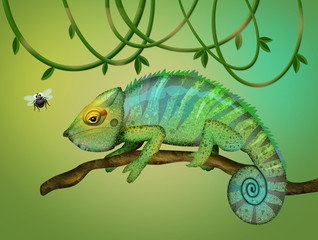 Wall Mural - illustration of chameleon and flies