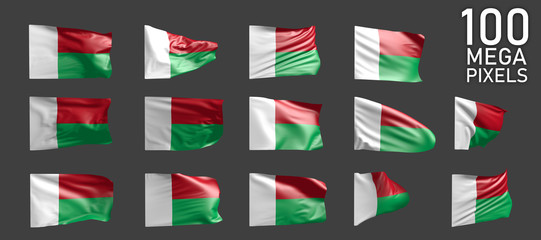 Madagascar flag isolated - different images of the waving flag on grey background - object 3D illustration