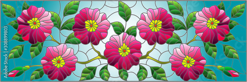 Dekoracja na wymiar  ilustracja-w-stylu-witrazu-z-kwiatowym-ukladem-kwiatow-rozowych-kwiatow-i-lisci