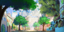 The Front Door Of Magic Academy. Magical School. Fantasy Urban Town Backdrop. Concept Art. Realistic Illustration. Video Game Digital CG Artwork Background. Nature Scenery.