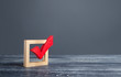 © Andrii Yalanskyi - Red voting tick. Checkbox. Democratic elections, referendum. The right to choose, change of power. Checklist for verification and self-discipline. Necessary quality criteria, skills, approval symbol