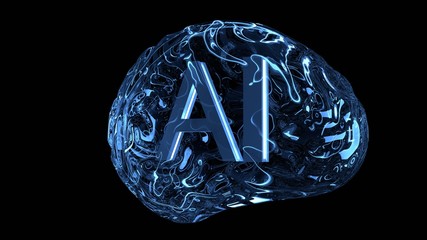 Wall Mural - 3d rendering of ai text glowing inside glass glossy human brain. blue color theme. concept for artif