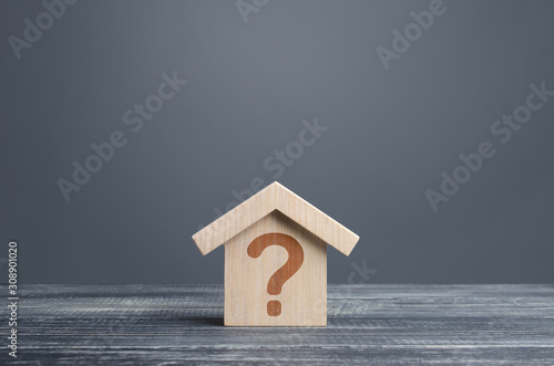 House with a question mark. Cost estimate. Solving housing problems, deciding buy or rent real estate. Search for options, choice type of residential buildings. Property price valuation evaluation