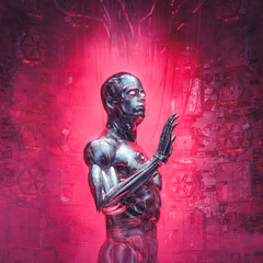 Wall Mural - cybernetic visions reboot / 3d illustration of futuristic metallic science fiction male humanoid cyb