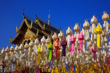colorful lanterns in a temple in northern thailand.