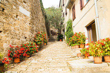 Croatia, Istria, Beautiful Old Cobbled Street, Traditional Houses And In The Old Historical Town Of Motovun