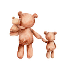Teddy Bear Family; Watercolor Hand Draw Illustration; With White Isolated Background