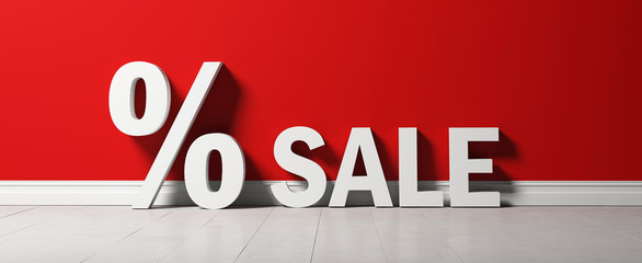 Wall Mural - word SALE and percent sign in front of a red wall