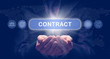 © Duncan Andison - Businessmans cupped hands holding a Contract business concept on a computerised display.