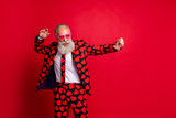 Fototapeta  - Portrait of his he nice attractive funky cool modern trendy gray-haired guy hipster MC dancing having fun isolated on bright vivid shine vibrant red color background