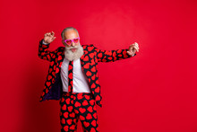 Portrait Of His He Nice Attractive Funky Cool Modern Trendy Gray-haired Guy Hipster MC Dancing Having Fun Isolated On Bright Vivid Shine Vibrant Red Color Background