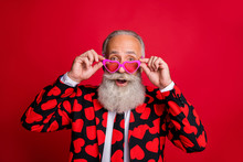Close-up Portrait Of His He Nice Attractive Comic Humorous Cheerful Cheery Modern Trendy Gray-haired Guy Wearing Touching Specs Having Fun Isolated On Bright Vivid Shine Vibrant Red Color Background
