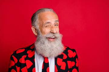 close-up portrait of his he nice attractive funky cheerful cheery glad gray-haired guy winking festa