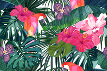 Tropical Seamless Pattern. Palm Tree Leaves, Flower Hibiscus And Parrot. Vector Illustration. Summer Background