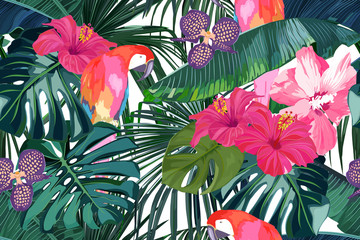 Tropical seamless pattern. Palm tree leaves, flower hibiscus and parrot. Vector illustration. Summer background