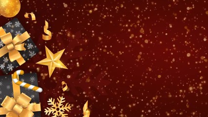 Poster - Merry Christmas and Happy New Year red looped background footage with golden glitter elements and snow