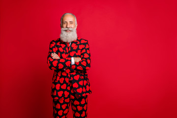 Sticker - Portrait of his he nice attractive trendy content cheerful funky bearded gray-haired man wearing theme costume wedding occasion folded arms isolated on bright vivid shine vibrant red color background