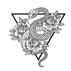 Sticker - Tattoo with rose and snake with sacred geometry frame.