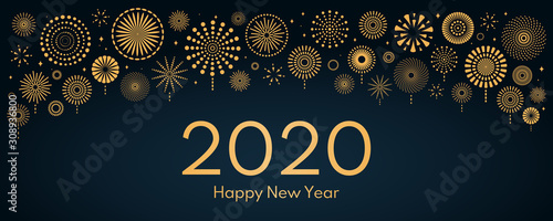 Vector illustration with bright golden fireworks on a dark blue background, text 2020 Happy New Year Canvas Print