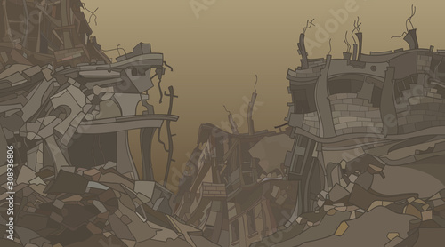 Fotografía cartoon ruins of crooked ruined houses in dusty fog