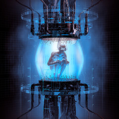 virtual human experiment / 3d illustration of science fiction scene showing male human inside comple