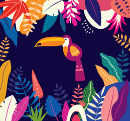 Wall Mural - Vector colorful illustration with tropical flowers, leaves and toucan