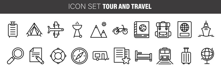 Vector thin line icons set and graphic design elements. Illustration with travel, tourism outline symbols.