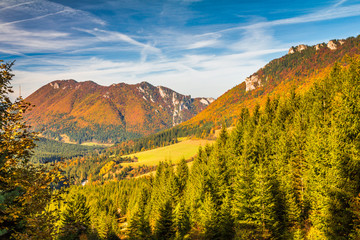 Mountain landscape at autumn season. The Vratna valley at the national park Mala Fatra, Slovakia, Europe.