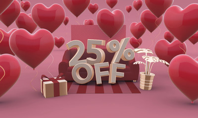 25 twenty five percent off - valentines day sale 3d illustration.