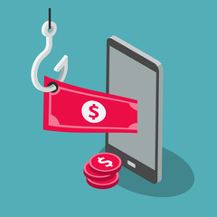 Fototapete - Online banking theft symbol with smartphone, red banknote and fishing hook isolated on blue background. Flat design, easy to use for your website or presentation.