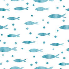Seamless Sea Pattern With Watercolor Fish Silhouettes.