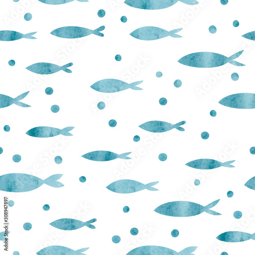 Seamless sea pattern with watercolor fish silhouettes.
