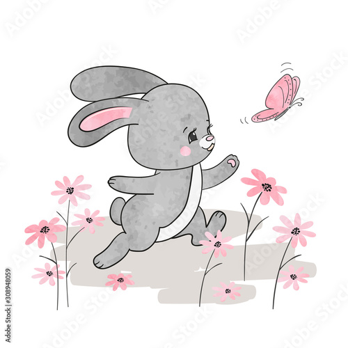 Cute cartoon bunny with butterfly. Birthday or Easter card design.