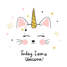 Cute Cat Unicorn For Kids Design - T-shirt Print, Poster.