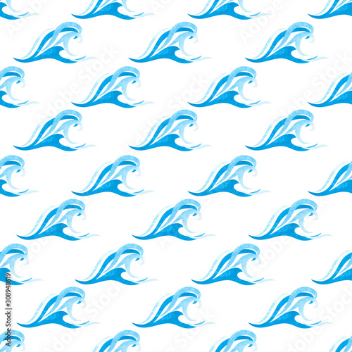 Seamless pattern with abstract hand drawn sea waves. Watercolor ocean backgro...