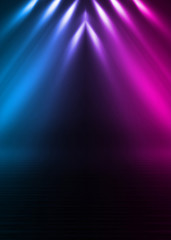 Poster - Empty dark abstract background. Background of empty show scene. Glow of neon lights on an empty concert venue. Reflection of light on the pavement.