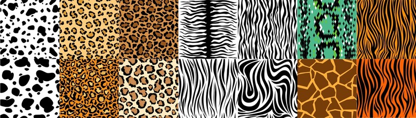 Collection of natural seamless patterns with coat, skin of fur textures of wild exotic animals - zebra, snake, tiger, leopard, giraffe. Flat vector illustration for wrapping paper, textile print.