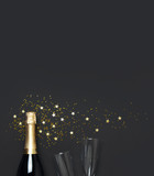Fototapeta Panele - Christmas and New Year background. Champagne bottle, champagne glasses, festive golden star confetti on black background top view. Flat lay holiday card. Birthday or party concept. Festive decorations